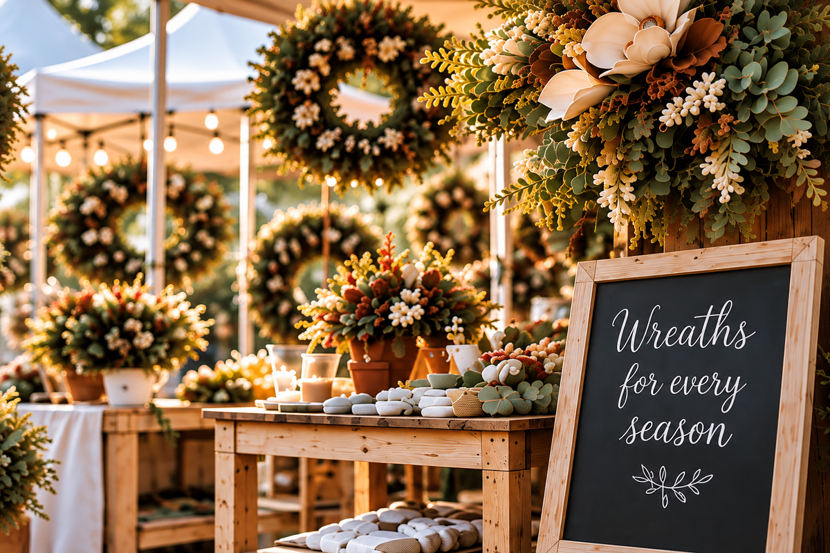 Handcrafted wreaths at a market